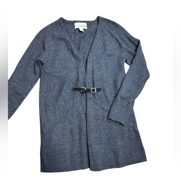 Ellen Tracy Tunic Sweater 100% Merino Wool Cardigan Women Gray Long Sleeve Belt - Picture 3 of 16